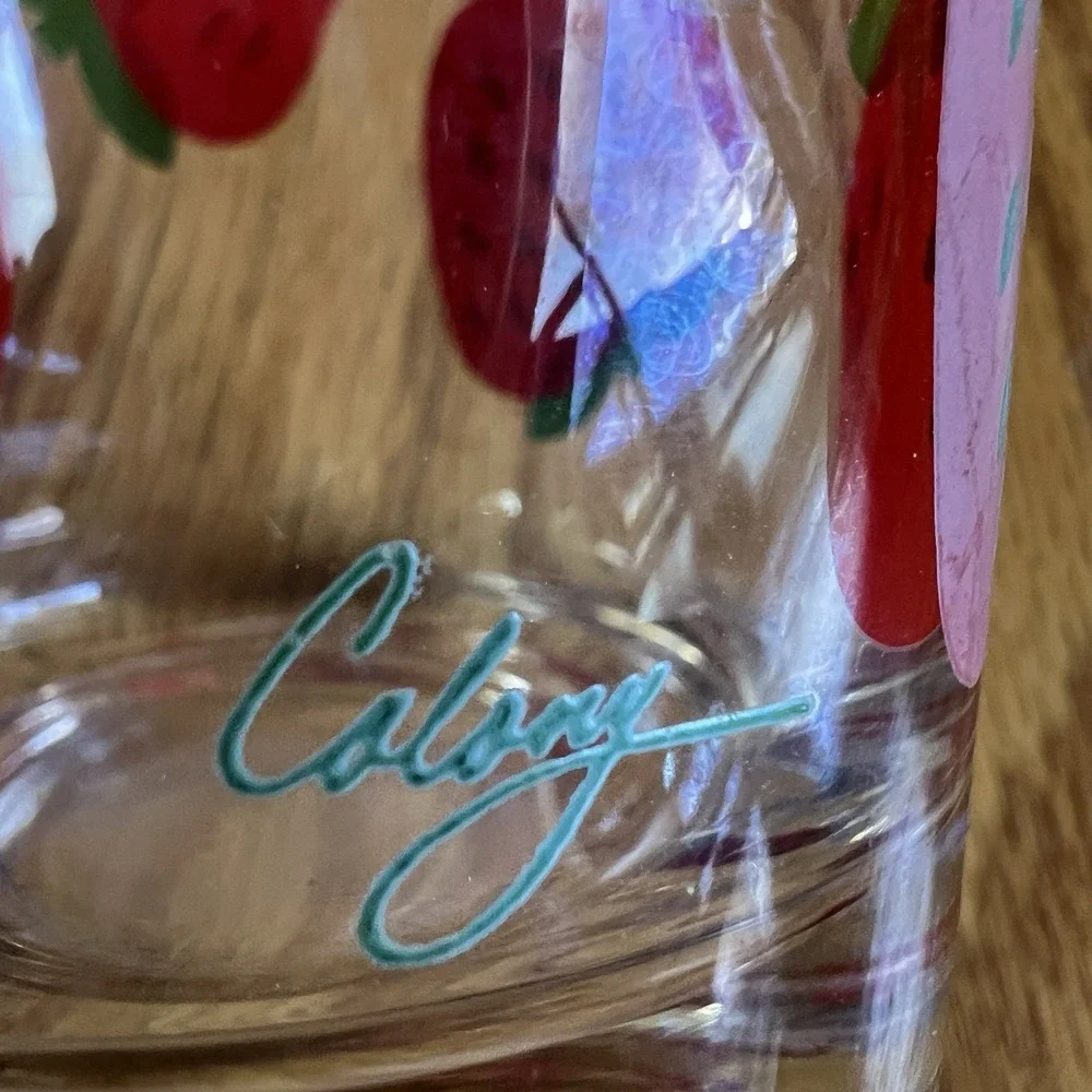 Vintage Colony‎ MCM Strawberry Print Drinking Glass Set of 4 Retro Fruit Tumbler